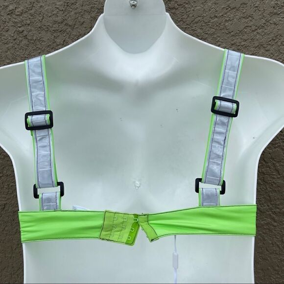NWT Red night gothic reflective neon buckle bra Sz M costume cosplay EDM RAVE - Picture 4 of 9